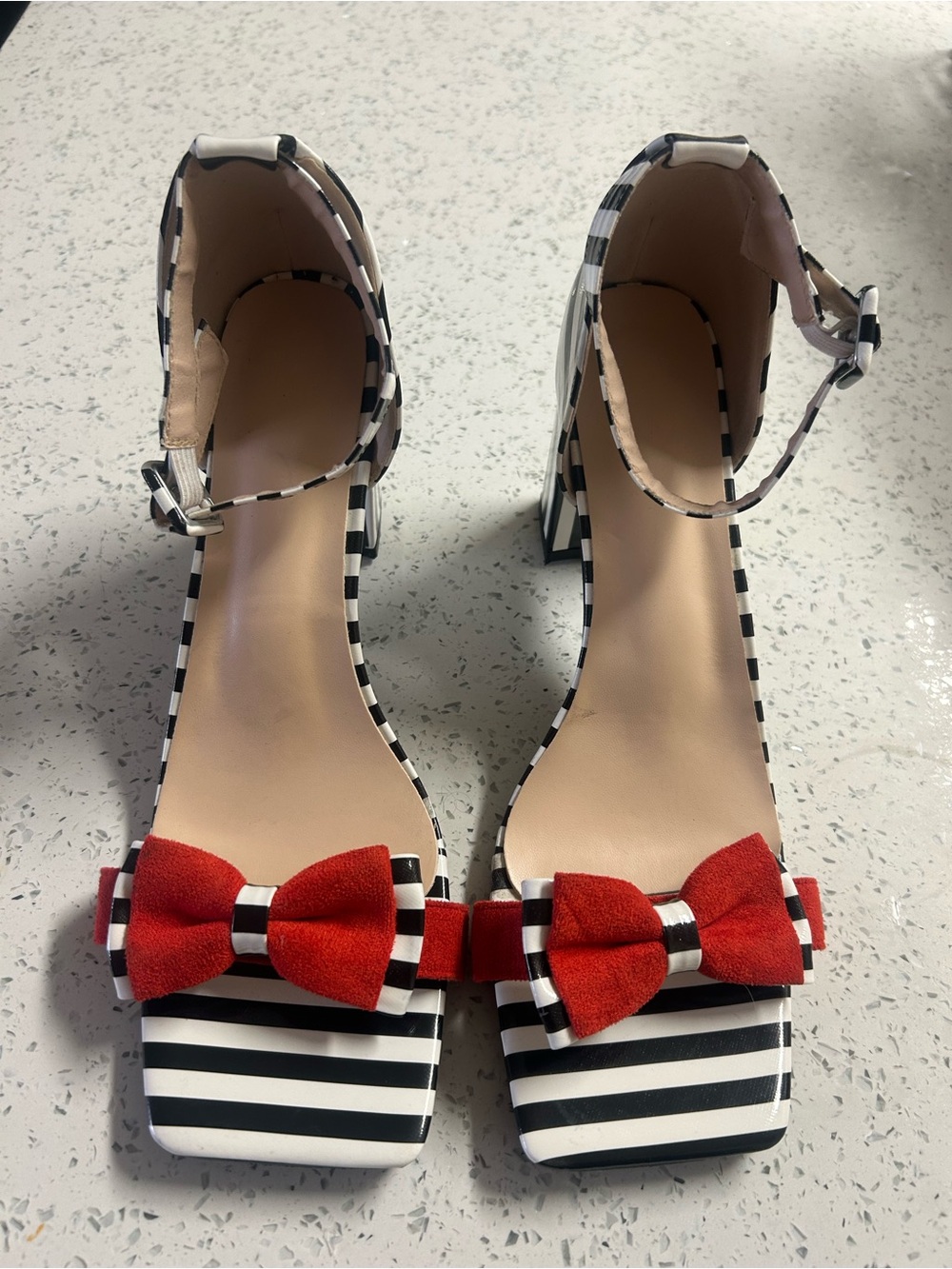 Striped Black & White Heels with Red Bow Accent